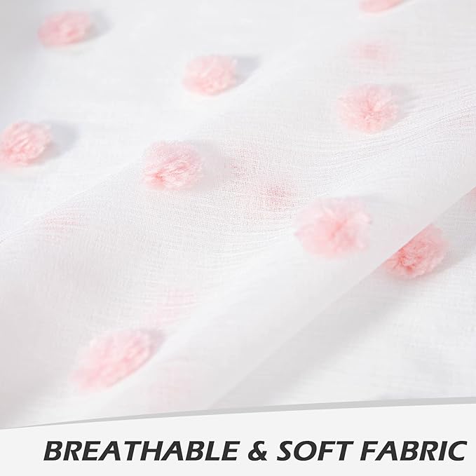 MYSKY HOME Short Pink Pom Pom Sheer Curtains - 54 Inch Long, 52" x 54", Rod Pocket, 2 Panels, Small Window, Kitchen, Bathroom, Nursery, Boys, Kids Room