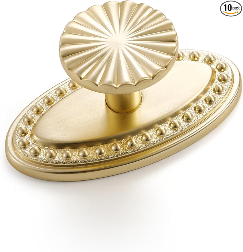 10 Pack Brushed Gold Cabinet Knobs with Base Brass Flat Drawer Pulls Kitchen Cupboard Bathroom Dresser Cabinet Hardware Handles Zinc Alloy