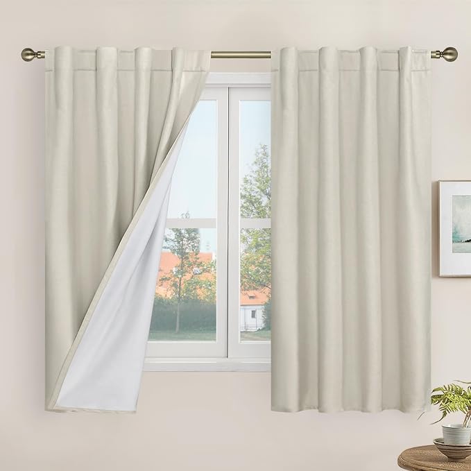 100% Blackout Linen Curtains for Bedroom 45 Inches 2 Panels, Stone | Linen by LAMIT