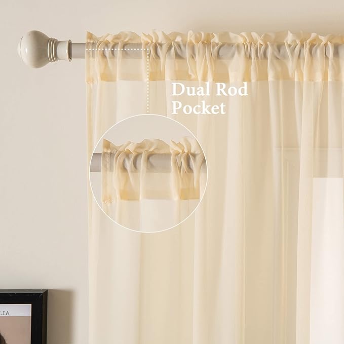 MIULEE Cream Beige Sheer Curtains 54 X 63 Inches, 2 Panels | Solid Color - Image 2