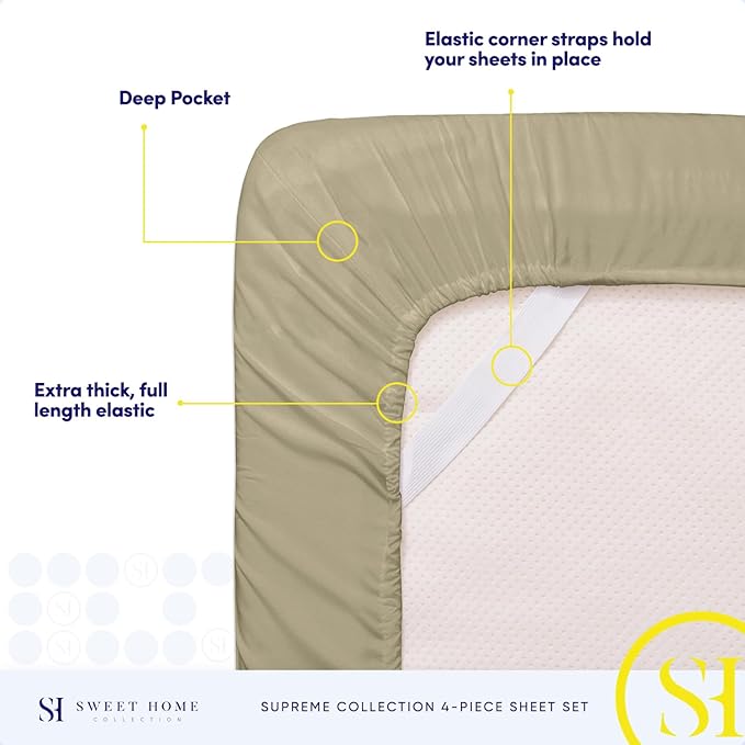 RV Queen Bed Sheets - Breathable Luxury Sheets with Full Elastic & Secure Corner Straps Built In - 1800 Supreme Collection Extra Soft Deep Pocket Bedding Set, Sheet Set, RV Short Queen, Sage