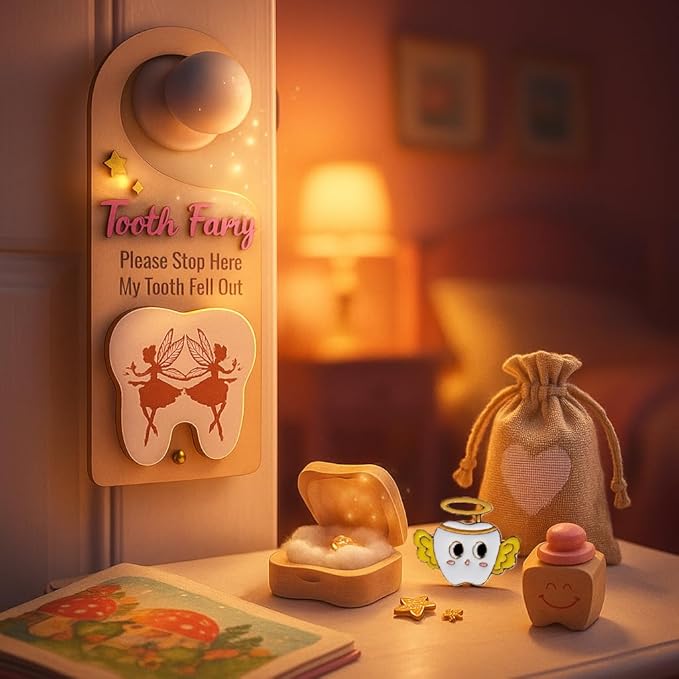 4Pcs Tooth Fairy Door Holder - Wooden Door Hanger Gift Set with Keepsake Box and Bag & Reward Badge, Gifts and Bedroom Decorations Suitable for Lost Teeth Girls and Boys