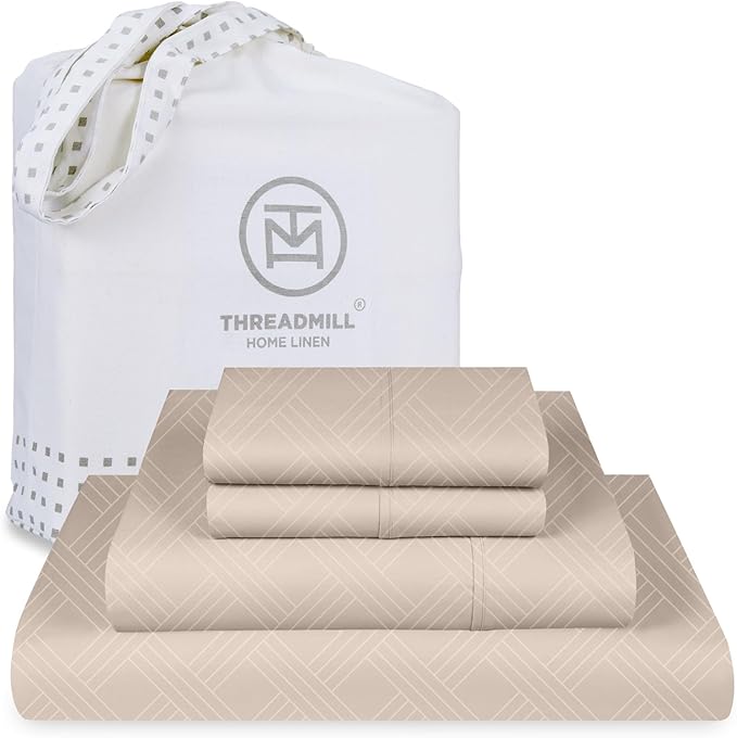 Threadmill Luxury Full Size Sheets for Full Size Mattress | 800 Thread Count Cotton Sheets | Jacquard Celine Light Beige | Better Than Egyptian Cotton| 4 Pc Bed Sheets | with Elasticized Deep Pocket