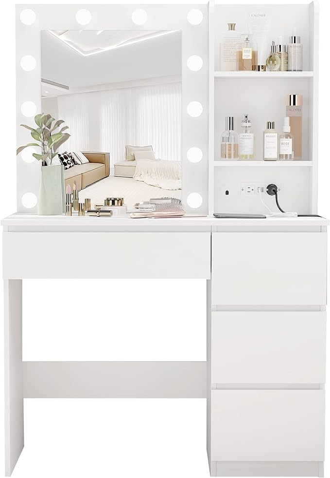 Vabches Makeup Vanity with Lights, 37inch Vanity Desk with Power Strip, 4 Drawers Makeup Table with Lighted Mirror, 3 Lighting Colors, White