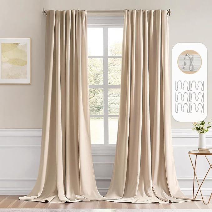 MIULEE Beige Back Tab Blackout Curtains 52x120 Inch Long 2 Panels Set | Rod by MIULEE
