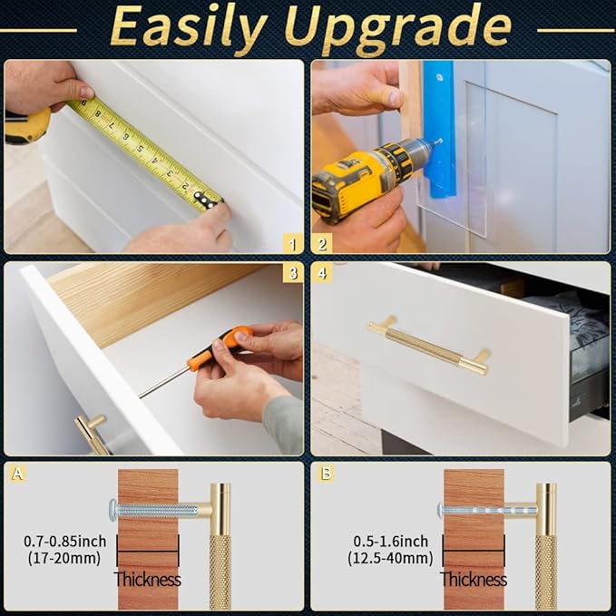 Knurled Cabinet Pulls 2 Pack, 6 Inch Long Cabinet Handles Metal Door Pulls, Kitchen Drawer Pull Knurled Dresser Handles - 5" Hole to Hole, Golden