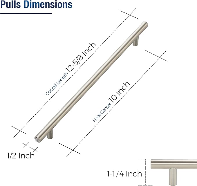 JOY DECOR 60 Pack Cabinet Handles, Brushed Nickel Cabinet Pulls, 10 in Hole Center Kitchen Cabinet Handles, Stainless Steel T Bar Handles for Dresser Drawers