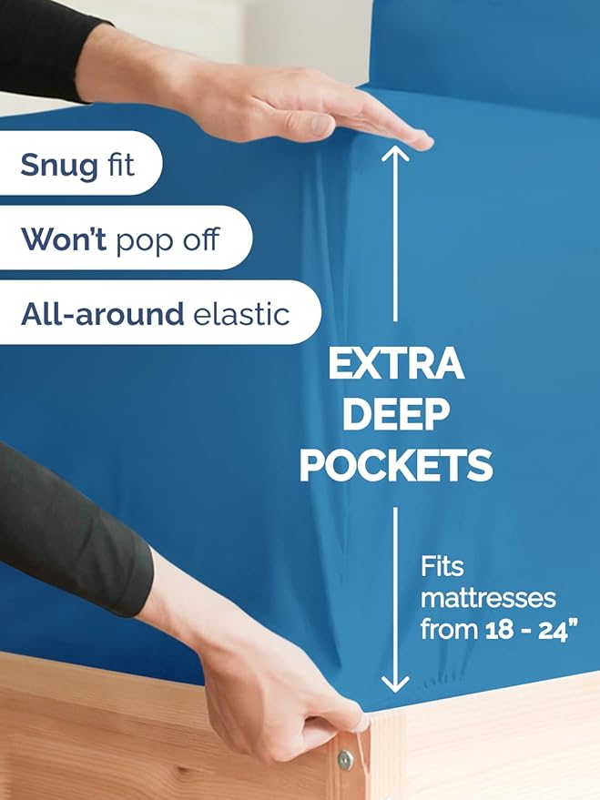 Extra Deep Queen Sheet Set - 6 Piece Breathable & Cooling Sheets - Hotel Luxury Bed Sheets Set - Easy & Secure Fit - Soft, Wrinkle Free & Comfy Sheets Set - Denim Blue Sheet Set w/Extra Deep Pockets