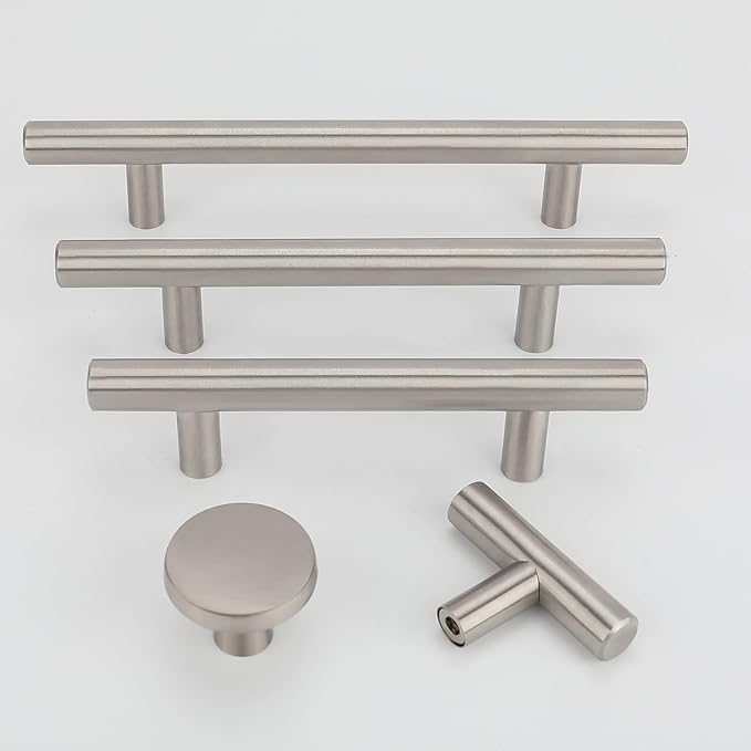 LONTAN Cabinet Knobs Brushed Nickel Bathroom Dresser Knobs - LS201BSS Euro Kitchen Cabinet T Bar Drawer Pulls Round Hardware for Drawer, Single Hole, Pack of 12