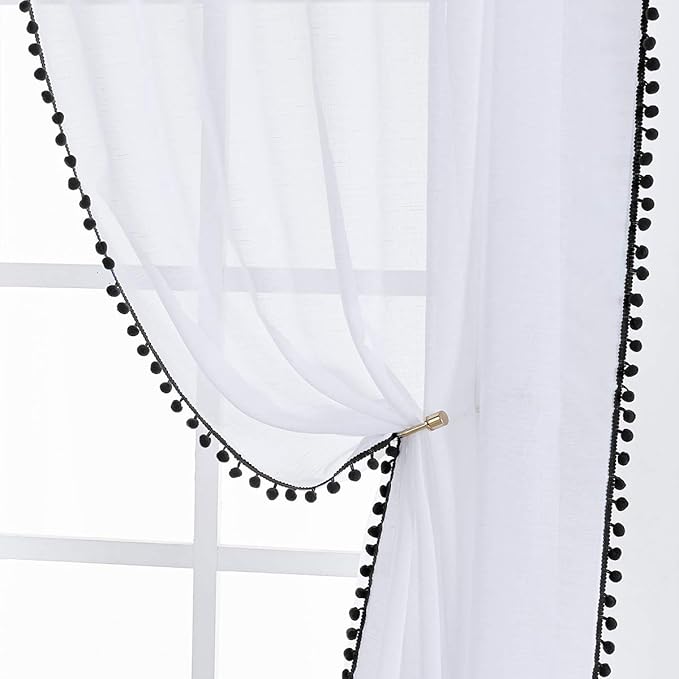 Treatmentex Sheer White Curtains with Black Pom Pom Curtains 84" Long Linen Textured Look Decorative Window Drapes Navy 52" w 1Pair