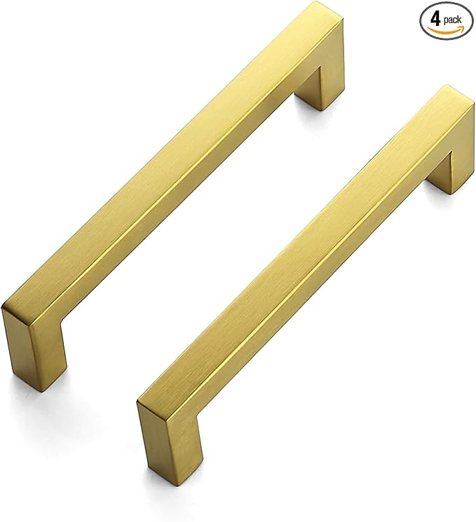 JOY DECOR 4 Pack Cabinet Handles, Gold Cabinet Pulls, 5 Inch Kitchen Closet Handles Square Drawer Pulls Stainless Steel Drawer Hardware, 128mm Hole Centers