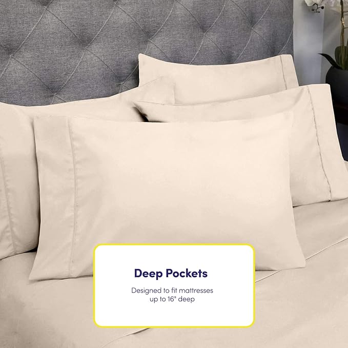 Queen Sheets Beige - 6 Piece 1500 Supreme Collection Fine Brushed Microfiber Deep Pocket Queen Sheet Set Bedding - 2 Extra Pillow Cases, Great Value, Queen, Beige
