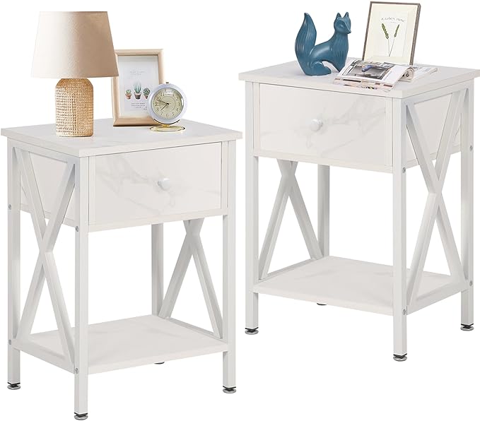 VECELO Nightstands Set of 2, Modern Bedside End Tables, Night Stands with Drawer and Storage Shelf for Living Room Bedroom, Industrial Metal Frame