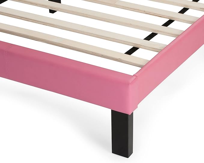Poundex PU Upholstered Platform Bed, Twin, Pink