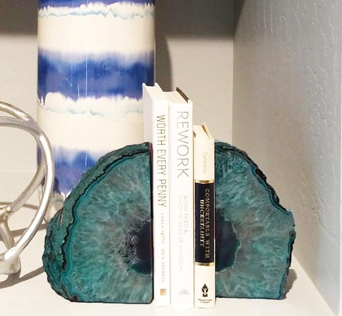 AMOYSTONE Large Agate Geode Bookends Heavy Duty Stone Book Ends Decorative Bookend Holder Home Office Decor with Rubber Bumpers Teal 1 Pair 4-6 LBS