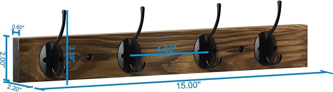 Coat Hooks Wall Mounted, Wooden Hat Rack with 4 Hooks for Entryway, Bathroom,Bedroom(2 Pack,Brown)