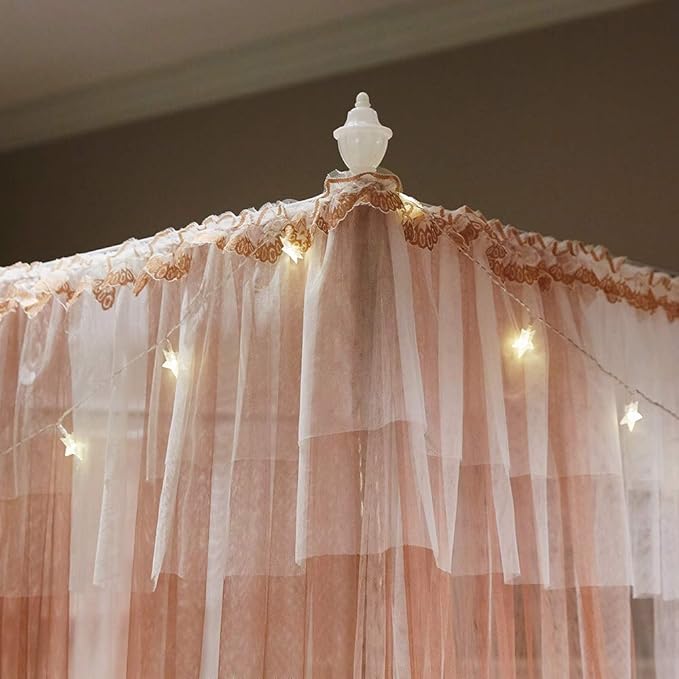 Joyreap Luxury 4 Corners Post Canopy Bed Curtains - Coral & White Cozy Drape Netting - Cute Princess Bedroom Decoration Accessories(Reddish Brown, 47" W x 78" L, Twin)
