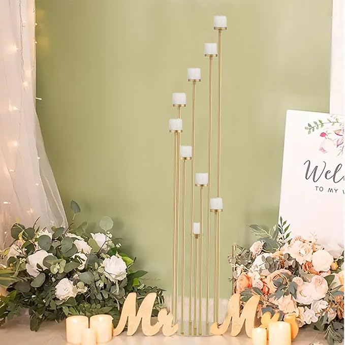 10pcs 9 Arm Candle Holder for Wedding Table Decoration,Gold Metal Candle Stick Holders for Pillar Tealight Candles on Party Reception Home Derecotion