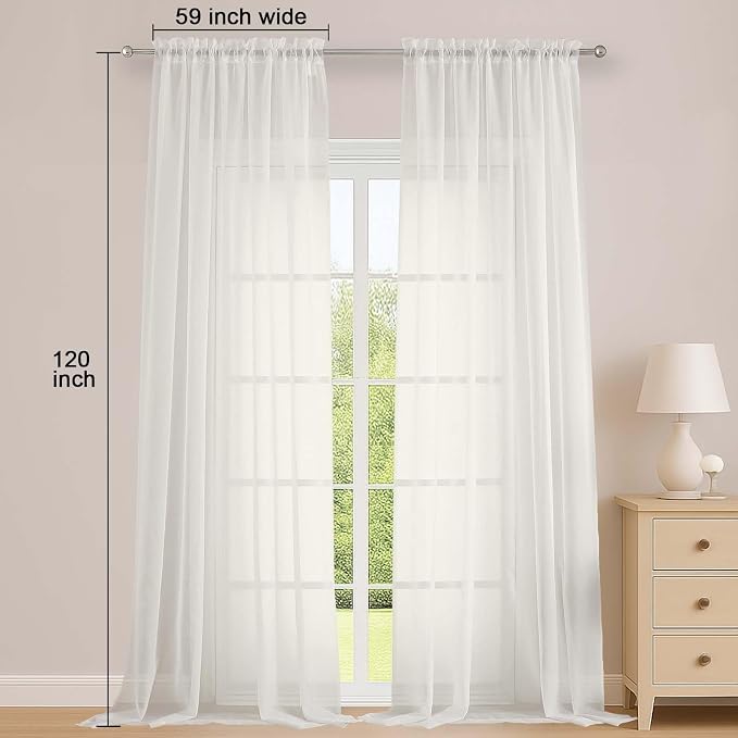Ivory Sheer Curtains 120 Inches Long 2 Panels Set, Airy Lightweight Sheer Ivory - Image 2