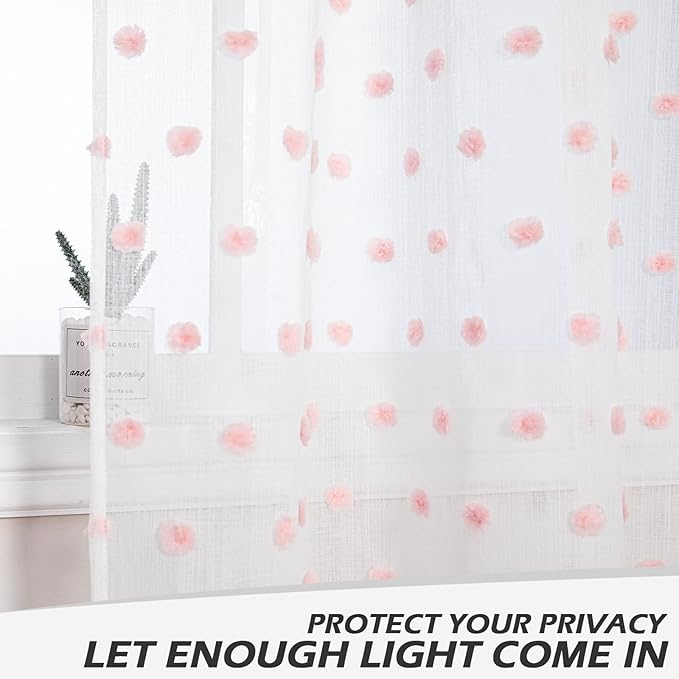 MYSKY HOME Pink Curtains for Girls Bedroom Nursery Pom Pom Curains for Girls Kids Room 63 Inch Long White Sheer Curtains for Dining Room Playroom Rod Pocket Window 38" x 63" 2 Pieces