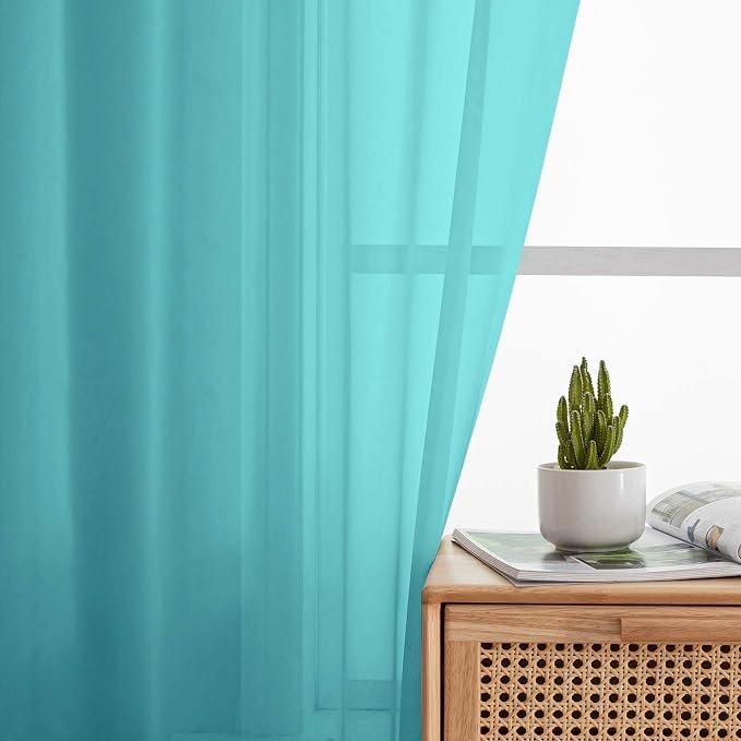 Turquoise Sheer Curtains for Bedroom Living Room 90 Inches Long 2 Panels Set - Image 3
