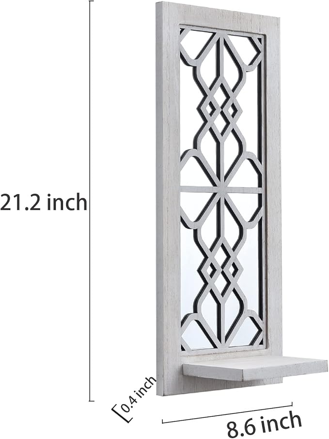 Wood Wall Sconce Candle Holder Set 2, Rustic Candle Sconces, Farmhouse Hanging Wall Décor, Carved Wood Frame, Mirrored Wall Accent
