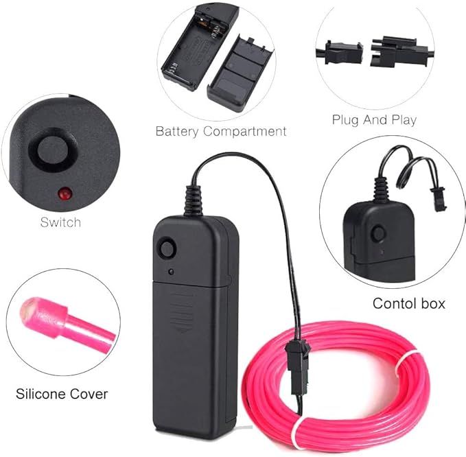 MaxLax EL Wire Pink, 2M Portable Battery Pack Neon Light Strip 360° Cuttable Glowing Rope Lights for Parties, Halloween, DIY Decoration