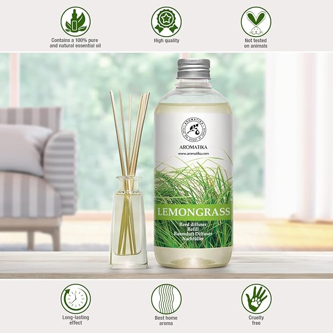 Lemongrass Diffuser Refill 68 Fl Oz (4x17Fl Oz) - Fresh & Long Lasting Fragrance - Refill Bottle with Natural Essential Lemongrass Oil - Best for Aromatherapy - Reed Diffuser Oil Refill for Home