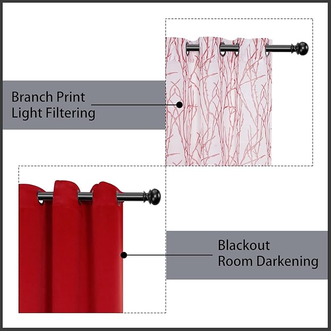 BONZER Mix and Match Curtains - 2 Pieces Branch Print Sheer Curtains and 2 Pieces Blackout Curtains for Bedroom Living Room Grommet Window Drapes, 54x95 Inch/Panel, Red, Set of 4 Panels