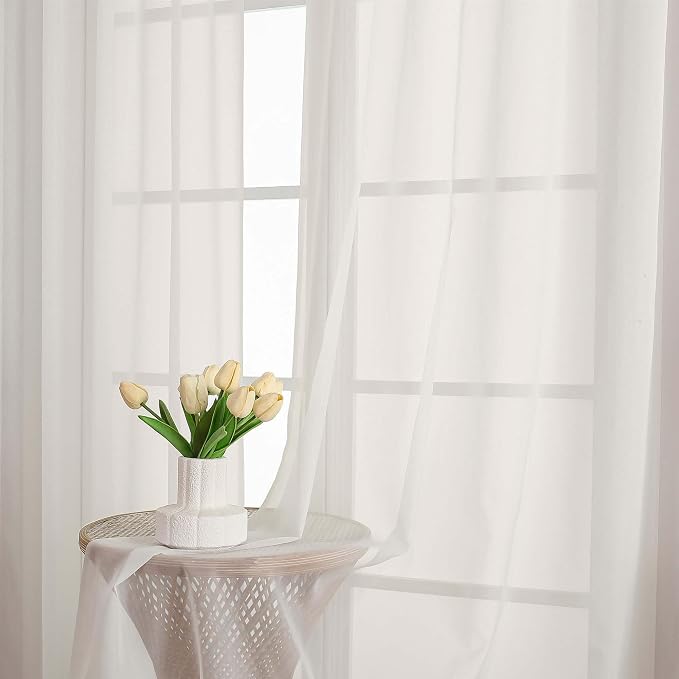 Ivory Sheer Curtain 90 Inches Long 2 Panels Set, Solid Filmy Drapes - Image 2