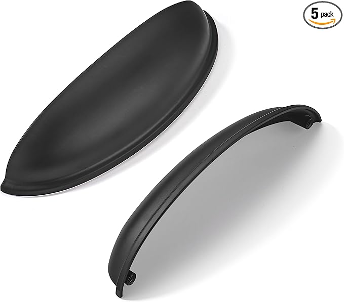 khtumeware 5 Pack 3" Drawer Pulls Matte Black Cabinet Cup Pulls Kitchen Hardware Cabinet Handles Drawer Handles Knobs 3 inch Hole Center