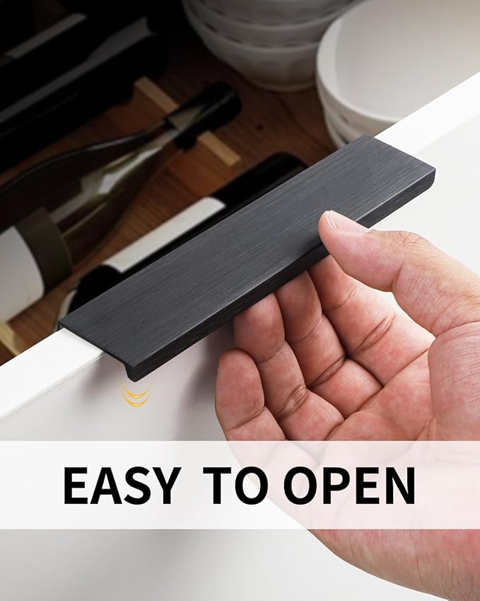 5 Pack Adhesive Cabinet pulls 6 inch Stick on Handles Black Finger pulls for cabinets Finger pulls Adhesive Drawer pulls Edge for Concealed Seam Handles Flat