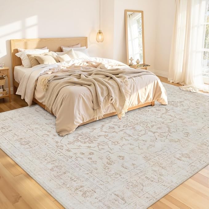 10x14 Area Rugs Living Room: Bedroom Washable Carpet Warm Beige | Vintage Boho - Image 2