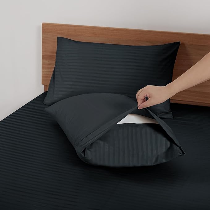 Mejoroom Striped Full Size Sheets – Extra Soft Full Size Bed Sheets - 16inches deep Pocket Full Sheet Set, Breathable, Wrinkle, Fade and Stain Resistant – 4 Piece(02-Black)