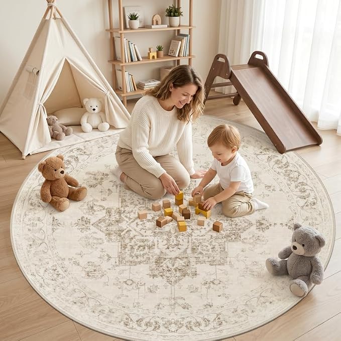 Round Area Rug Living Room: 8ft Washable Carpet Beige/Ivory | Vintage Boho - Image 3