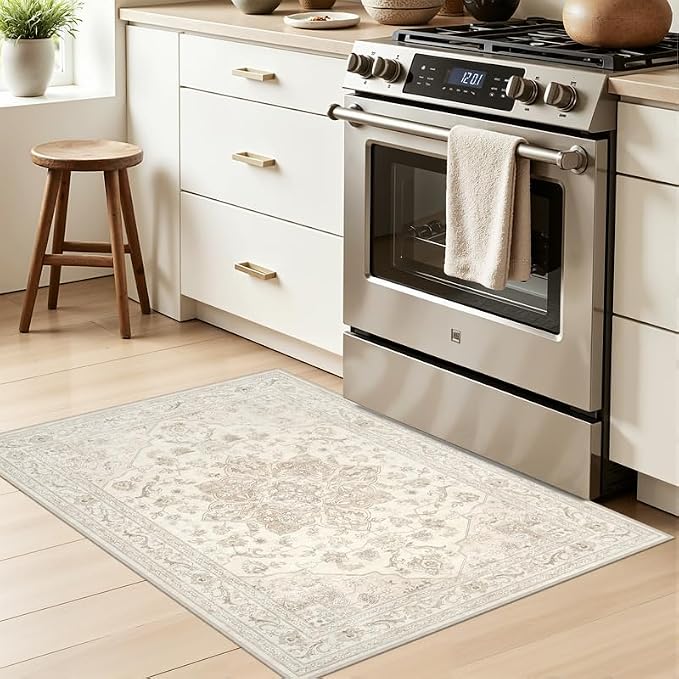 Washable Area Rugs 2x3: Living Room Bedroom Carpet Beige White | Vintage Boho - Image 3