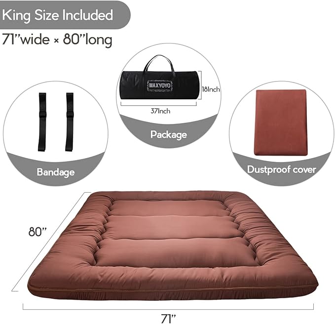 MAXYOYO Japanese Floor Mattress Futon Mattress, Thicken Tatami Mat Sleeping Pad Foldable Roll Up Mattress Boys Girls Dormitory Mattress Pad Floor Lounger Bed Couches and Sofas, Coffee, Full