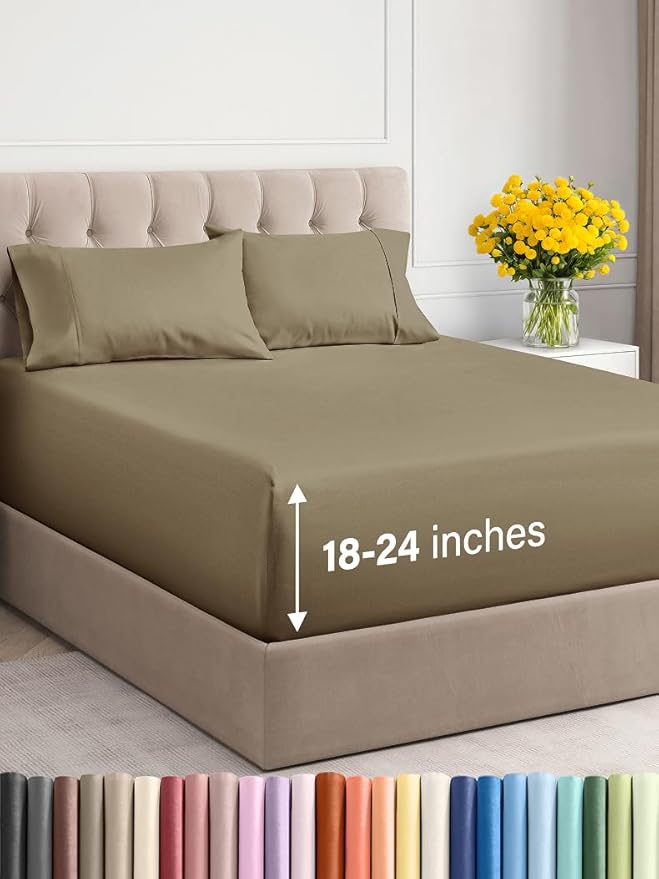 Extra Deep Twin XL Sheet Set - 4 Piece Breathable & Cooling Sheets - Hotel Luxury Bed Sheets Set - Easy & Secure Fit - Soft, Wrinkle Free & Comfy Sheets Set - Khaki Sheet Set with Extra Deep Pockets