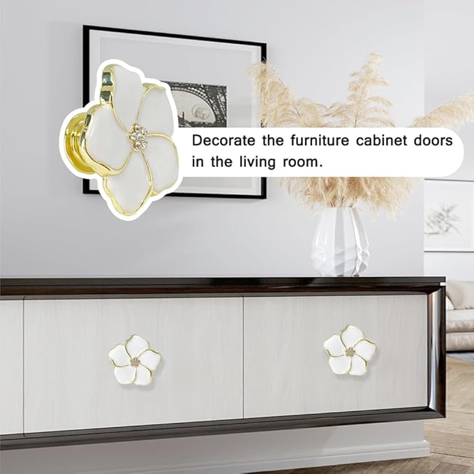4 pcs Kitchen Handle Petal Knob Hand Zinc Alloy Single Hole Knob Inlaid Rhinestone Hand Handle for Cabinets,Drawers, Wardrobes Furniture Decoration(White)