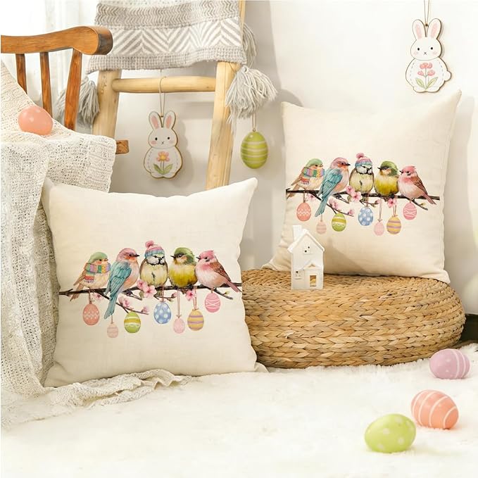 RABUSOFA Easter Pillow Covers 18x18 inch Easter Decorations Pink Birds Colorful - Image 4