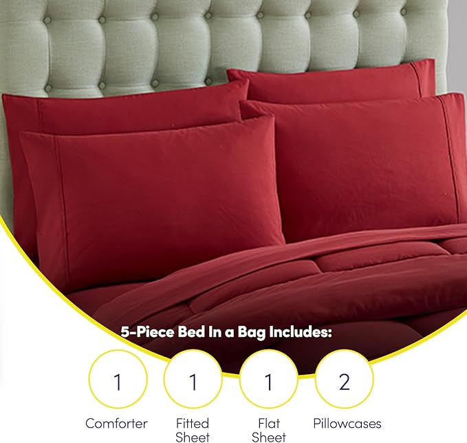 Sweet Home Collection 7 Piece Comforter Set Bag Solid Color All Season Soft Down Alternative Blanket & Luxurious Microfiber Bed Sheets, Burgundy, Twin XL (Pack of 4)