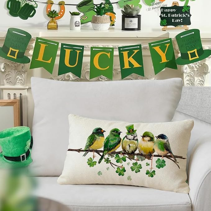 RABUSOFA St.Patricks Day Pillow Covers 12x20 Inch, Birds Shamrock St Patricks - Image 2