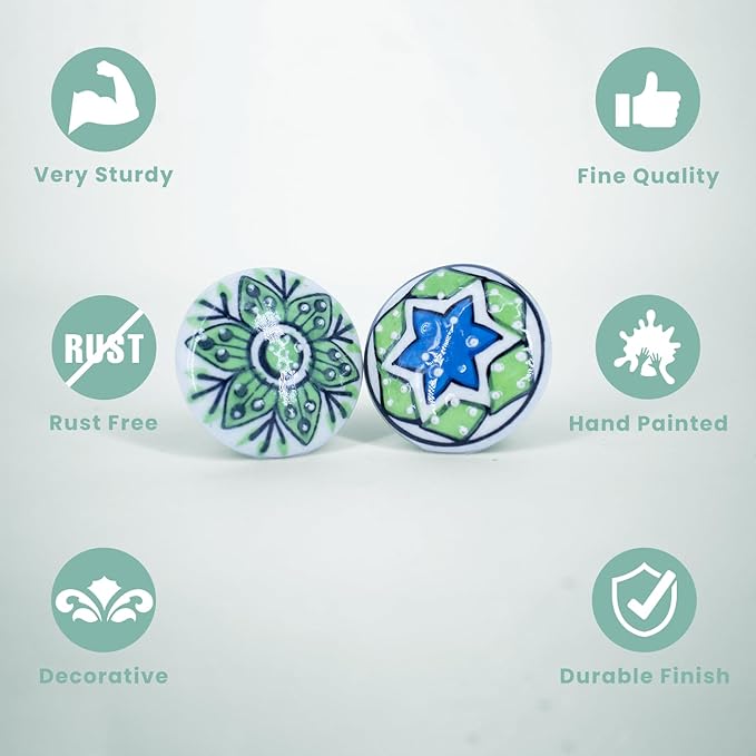 Handmade Blue & Green Ceramic Stone Cabinet Knobs, Vintage Decorative Drawer Pulls for Trendy Cabinets, Modern Dressers & Cupboards, Knobs for Kitchen & Furniture - Set of 6