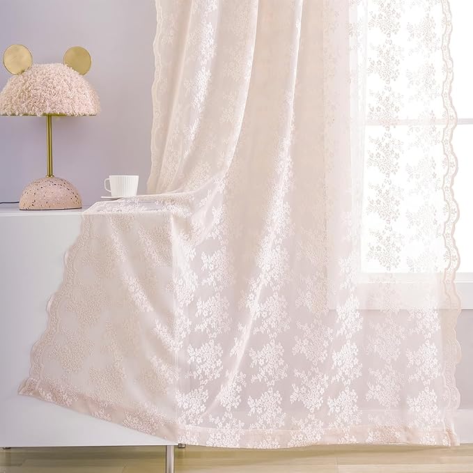 YJ YANJUN Vintage Lace Curtains 84 Inches Long-Victorian Floral Dusty Pink by YJYANJUN