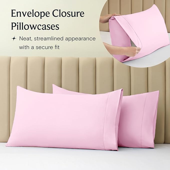 LuxClub 5 PC Sheet Set Bed Sheets Deep Pockets 16" Eco Friendly Wrinkle Free Cooling Machine Washable Hotel Bedding Silky Soft - Powder Pink Split King