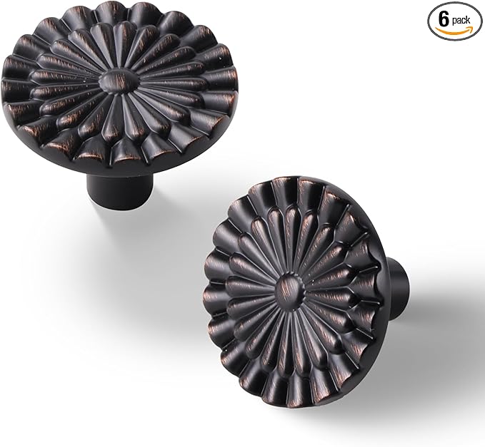 Oil Rubbed Bronze Cabinet Knobs 6 Pack Round Sunflower Dresser Drawer Hardware Furniture Cupboard Handles for Bathroom Single Hole Knob Kitchen SH-ORB-K6