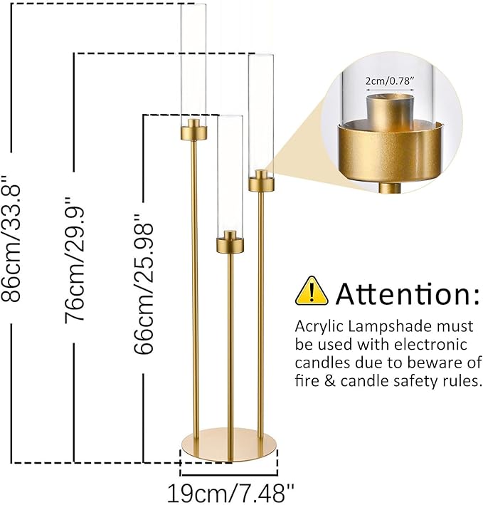 Vincidern 10pcs Gold 3 Arm Candelabra Taper Candle Holder for Table Centerpieces, 34in Tall Metal Candlestick Holder with Acrylic Lampshade for Wedding,Party,Holiday Christmas, Halloween Candelabra