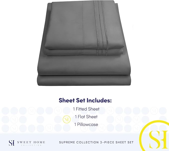 Twin XL Sheets - Breathable Luxury Sheets with Full Elastic & Secure Corner Straps Built In - 1800 Supreme Collection Extra Soft Deep Pocket Bedding Set, Sheet Set, Twin XL, Gray