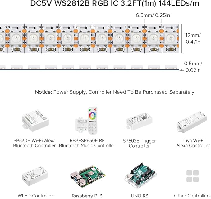 BTF-LIGHTING WS2812B RGB ECO LED Strip, Chasing Effects 5050SMD Individually Addressable 3.3FT 144(2X72) Pixels/m Flexible Dream Color IP30 for Bedroom DIY Projects DC5V (No Adapter or Controller)
