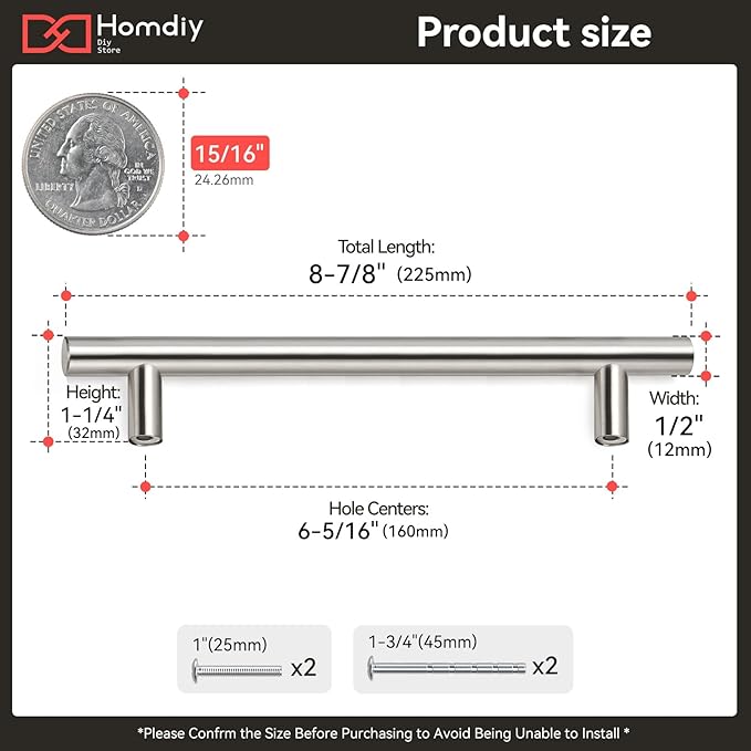 homdiy (5 Pack) Drawer Pulls Brushed Nickel Cabinet Pulls HD201SN Cabinet Hardware Euro Style Drawer Handles 6-1/4in Hole Centers Kitchen Cabinet Handles Cupboard Handles
